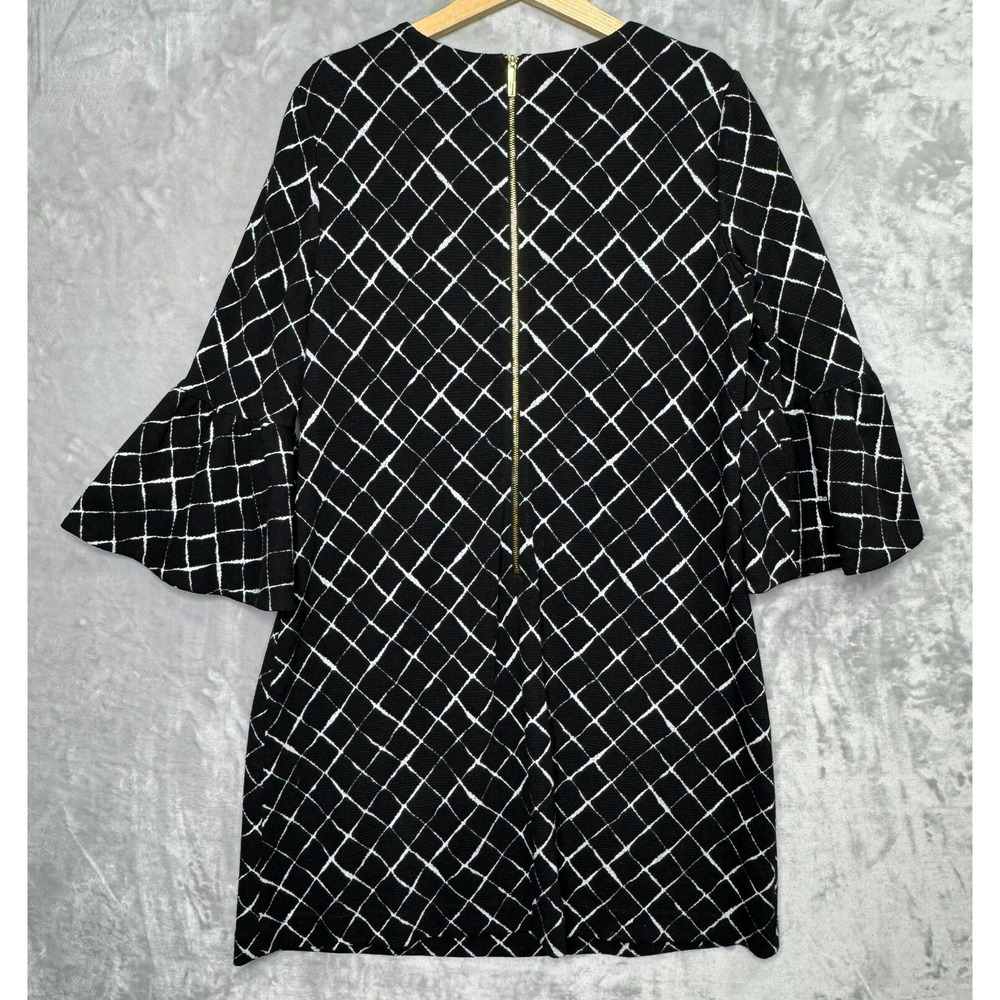 Calvin Klein Dress Womens 14 Black White Plaid Shift 3/4 Bell Sleeve Stretch - Picture 2 of 9